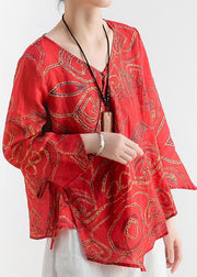Cotton and linen women's summer V-neck lace high-end large size abstract red printed heart-shaped ramie shirt - bagstylebliss