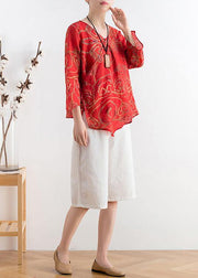 Cotton and linen women's summer V-neck lace high-end large size abstract red printed heart-shaped ramie shirt - bagstylebliss