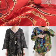 Cotton and linen women's summer V-neck lace high-end large size abstract red printed heart-shaped ramie shirt - bagstylebliss