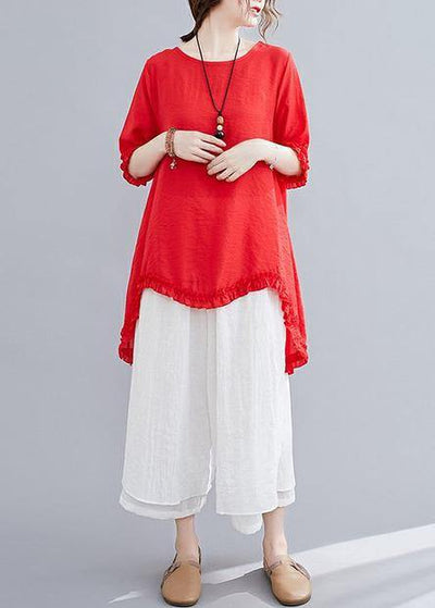 Cotton linen red two-piece fungus stitching round neck T-shirt split seven-point wide-leg pants fashion suit - bagstylebliss