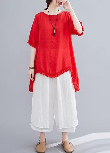 Cotton linen red two-piece fungus stitching round neck T-shirt split seven-point wide-leg pants fashion suit - bagstylebliss