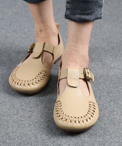 Cowhide Beige Leather Flat Shoes For Women Buckle Strap Hollow Out Flat Shoes - bagstylebliss