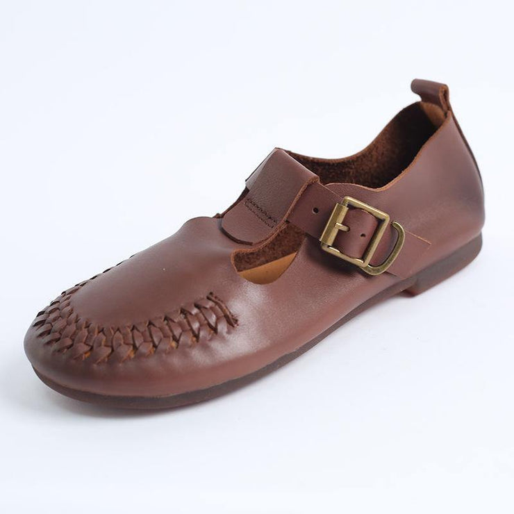 Cowhide Beige Leather Flat Shoes For Women Buckle Strap Hollow Out Flat Shoes - bagstylebliss