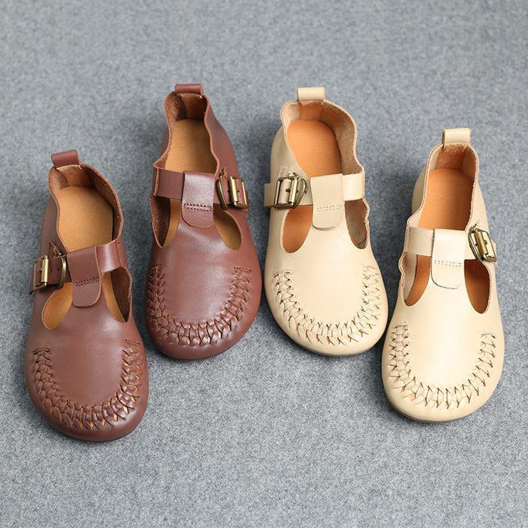 Cowhide Beige Leather Flat Shoes For Women Buckle Strap Hollow Out Flat Shoes - bagstylebliss