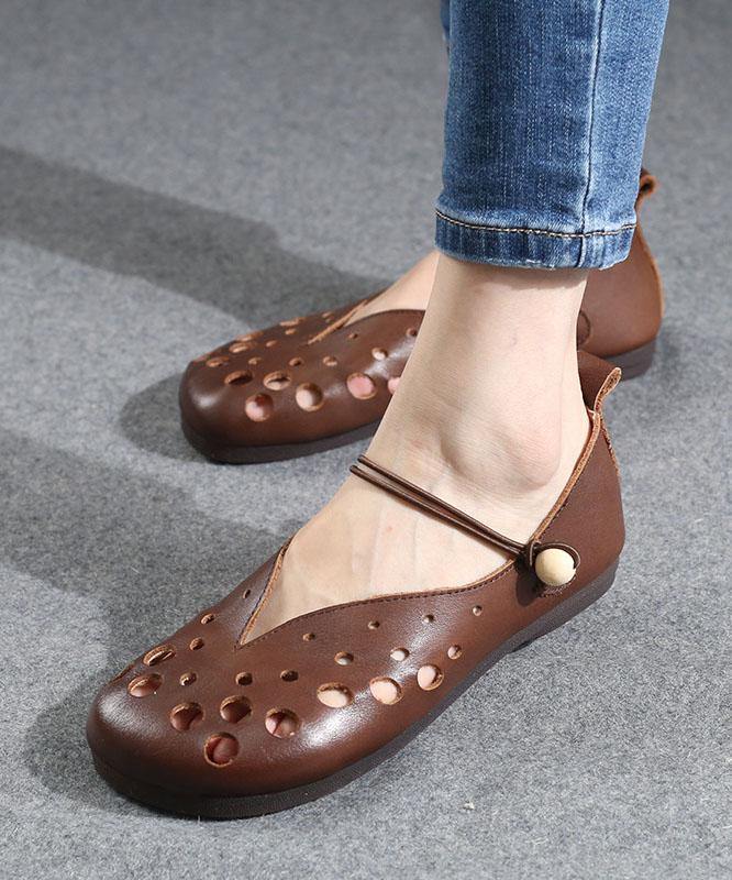 Cowhide Chocolate Leather Flat Shoes For Women Hollow Out Flat Shoes - bagstylebliss