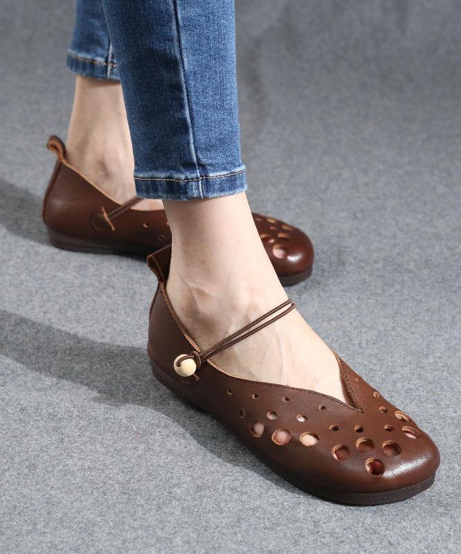 Cowhide Chocolate Leather Flat Shoes For Women Hollow Out Flat Shoes - bagstylebliss