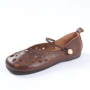 Cowhide Chocolate Leather Flat Shoes For Women Hollow Out Flat Shoes - bagstylebliss