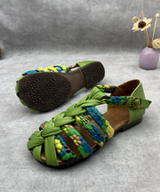 Cowhide Leather Handmade Hollow Out Splicing Green Walking Sandals