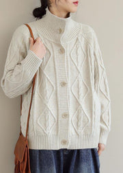 Cozy Beige Sweaters Stand Collar Pockets Trendy Plus Size Spring Knit Sweat Tops - bagstylebliss