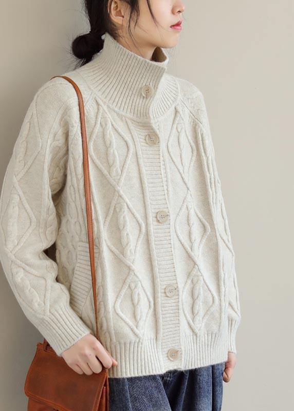Cozy Beige Sweaters Stand Collar Pockets Trendy Plus Size Spring Knit Sweat Tops - bagstylebliss