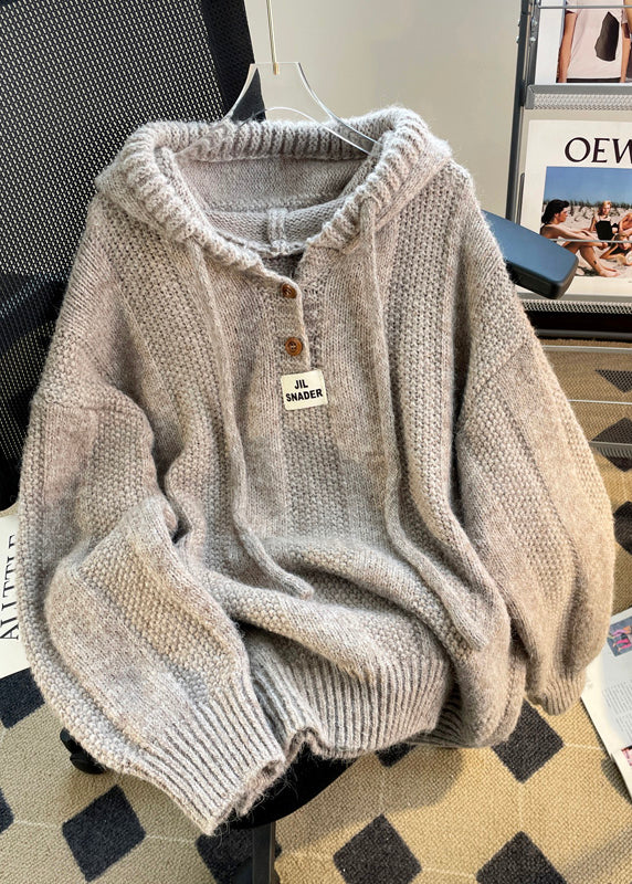 Cozy Coffee Hooded Drawstring Knit Sweatshirts Tops Winter