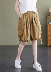 Cozy Khaki Pockets Elastic Waist Patchwork Cotton Shorts Summer