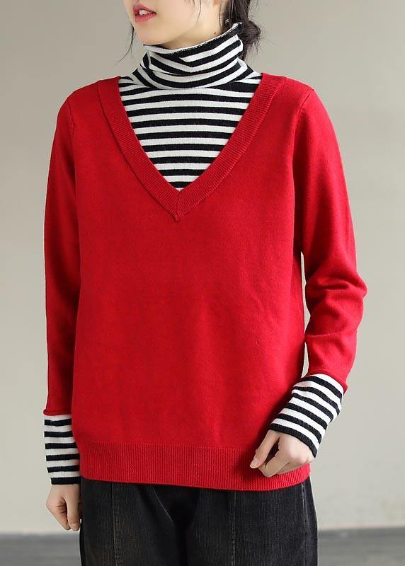 Cozy Spring Red Sweaters Plus Size Patchwork High Neck Blouse - bagstylebliss