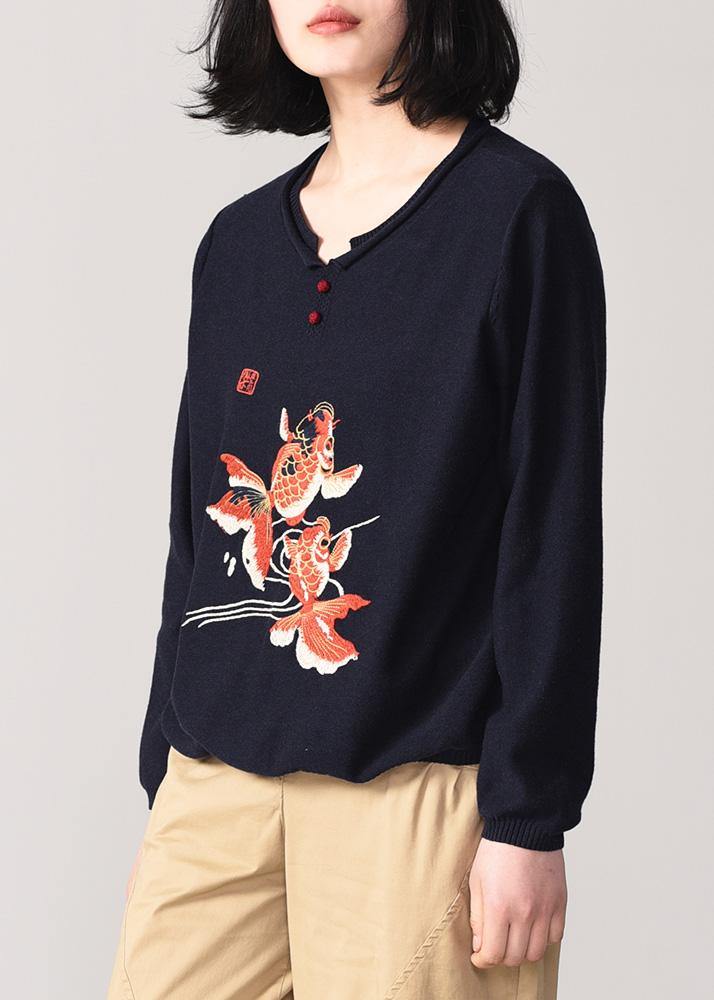 Cozy animal embroidery sweater Loose fitting nude wiled  knit sweat tops o neck - bagstylebliss