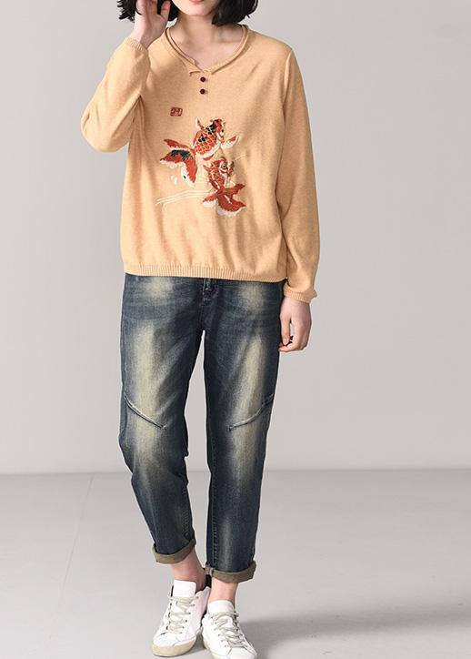 Cozy animal embroidery sweater Loose fitting nude wiled  knit sweat tops o neck - bagstylebliss