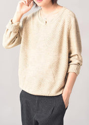 Cozy beige knit tops casual long sleeve  sweater patchwork - bagstylebliss