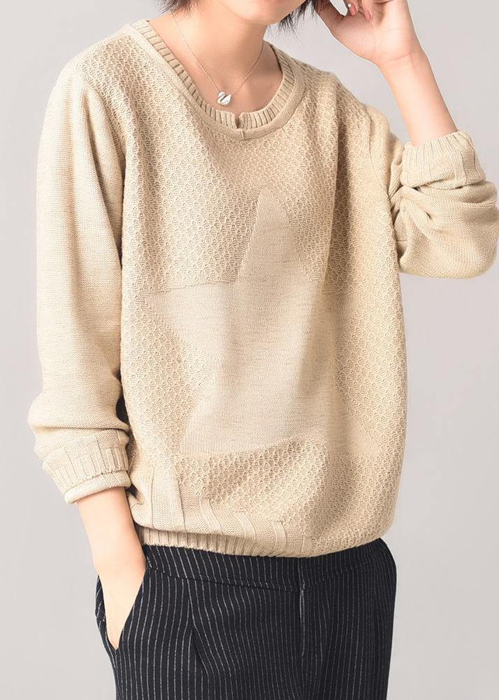 Cozy beige knit tops casual long sleeve  sweater patchwork - bagstylebliss