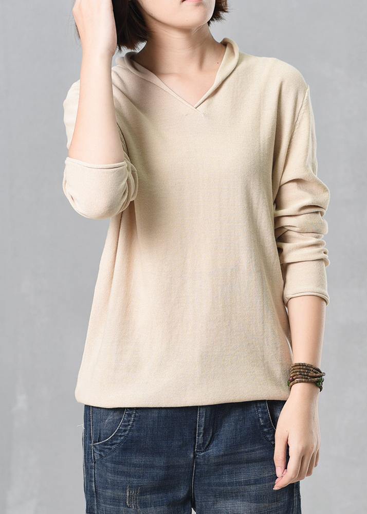 Cozy beige sweater trendy plus size autumn knitted v neck - bagstylebliss