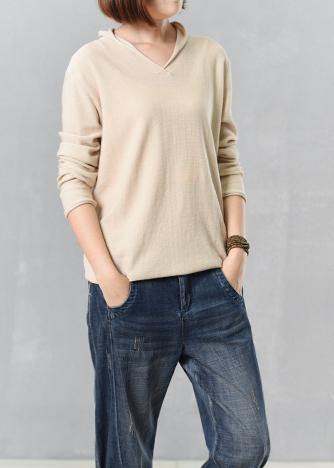 Cozy beige sweater trendy plus size autumn knitted v neck - bagstylebliss