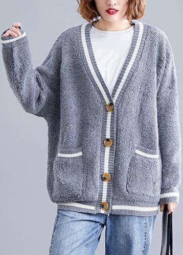 Cozy big pockets gray v neck knitwear plus size clothing fall knitted jackets - bagstylebliss