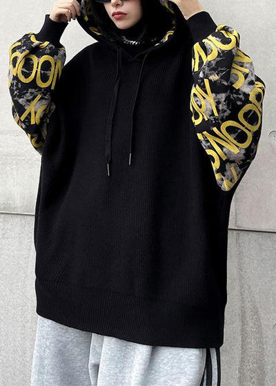 Cozy black Letter crane tops hooded fall fashion knitwear - bagstylebliss