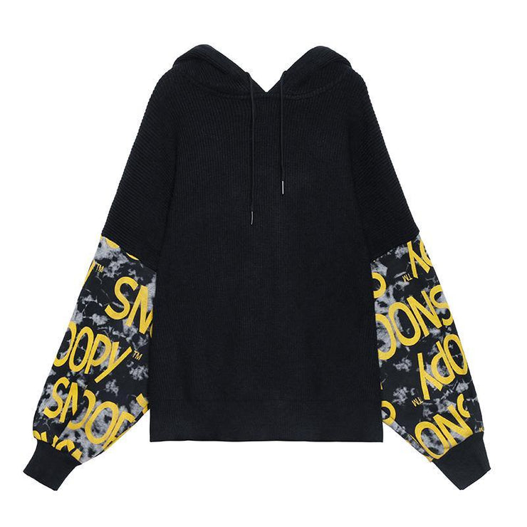 Cozy black Letter crane tops hooded fall fashion knitwear - bagstylebliss