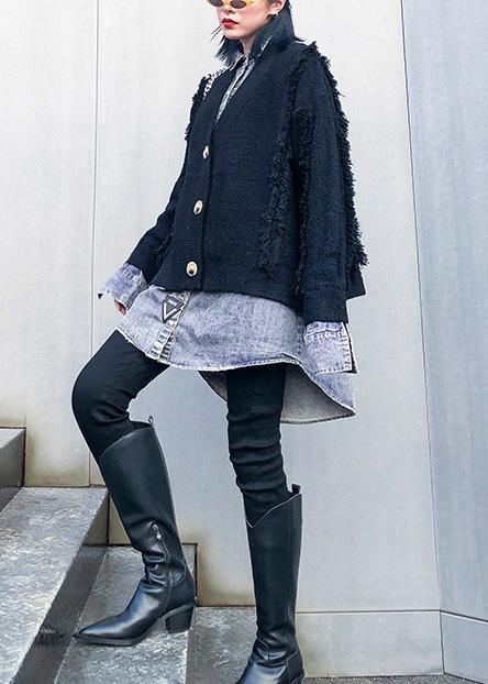 Cozy black knit coats plus size patchwork false two pieces knit sweat tops - bagstylebliss