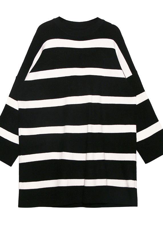 Cozy black white striped knitwear o neck baggy sweater tops - bagstylebliss