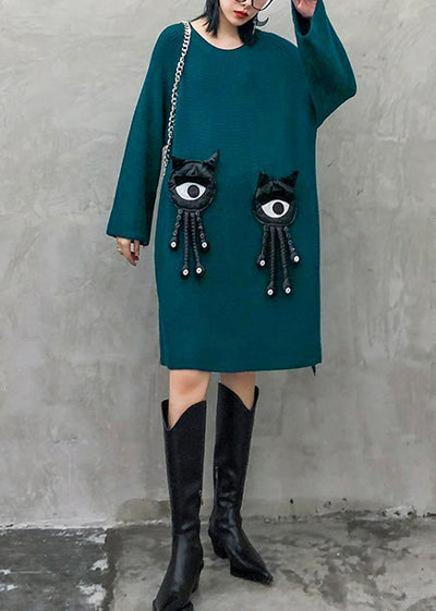 Cozy blue Sweater dress outfit o neck Three-dimensional decoration oversized knitwear - bagstylebliss