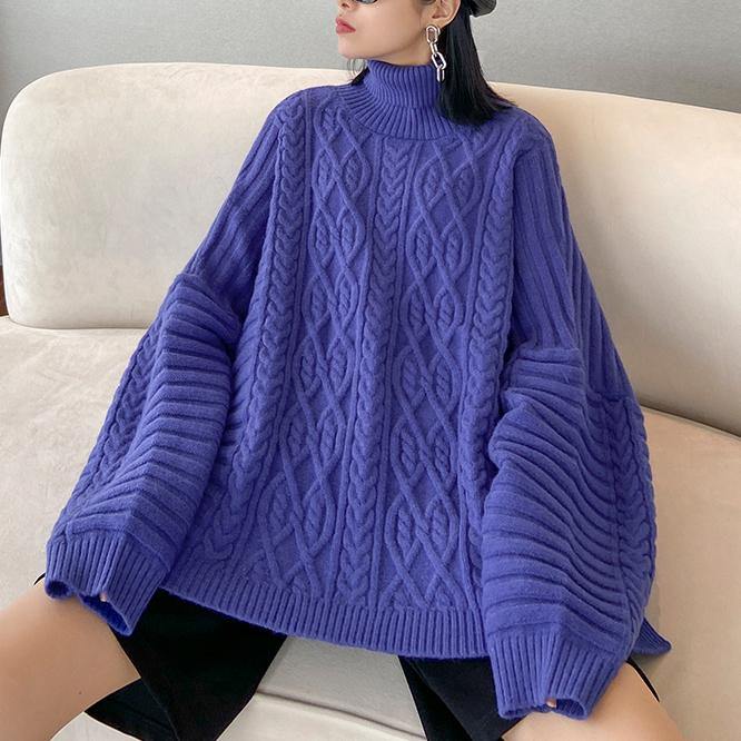 Cozy blue sweaters casual high neck side open knitted clothes - bagstylebliss