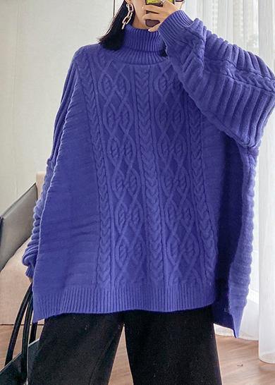 Cozy blue sweaters casual high neck side open knitted clothes - bagstylebliss