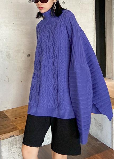 Cozy blue sweaters casual high neck side open knitted clothes - bagstylebliss