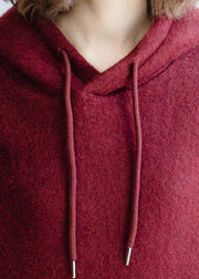Cozy burgundy knit blouse wild plus size clothing hooded knitted blouse - bagstylebliss