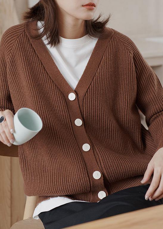 Cozy chocolate casual winter knit sweat tops v neck - bagstylebliss