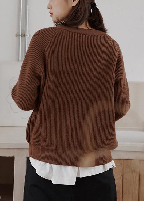 Cozy chocolate casual winter knit sweat tops v neck - bagstylebliss