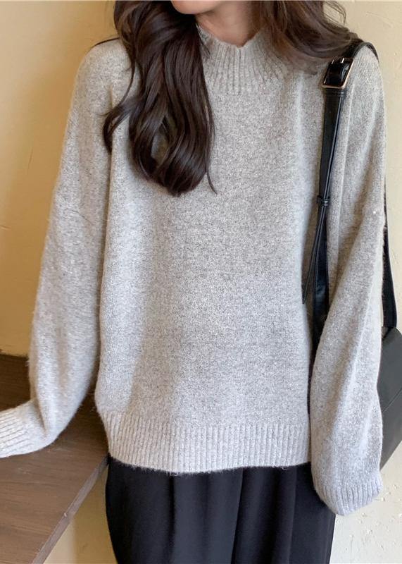 Cozy fall gray knit tops fall fashion high neck knit blouse - bagstylebliss