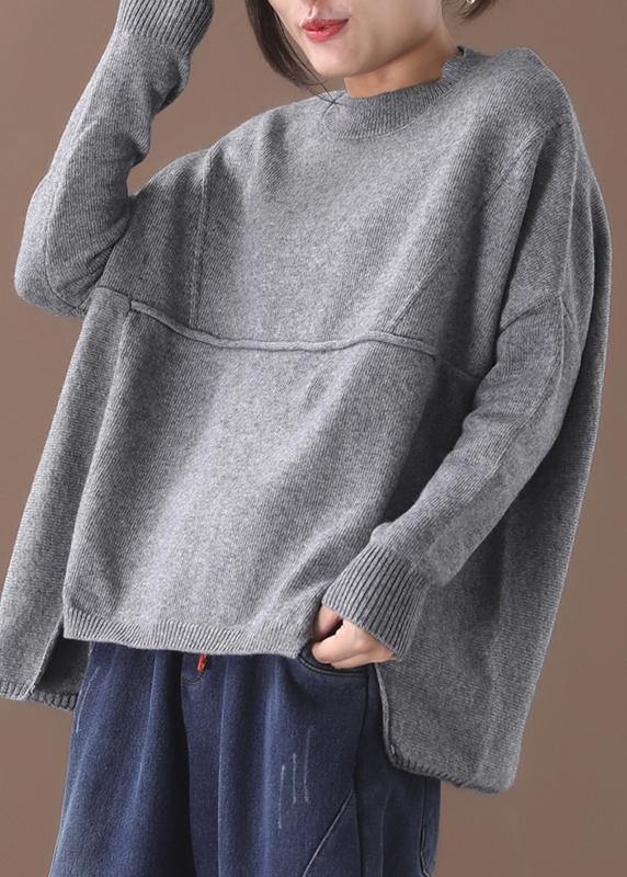 Cozy gray knit blouse oversized Batwing Sleeve sweaters asymmetric hem - bagstylebliss