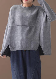 Cozy gray knit blouse oversized Batwing Sleeve sweaters asymmetric hem - bagstylebliss