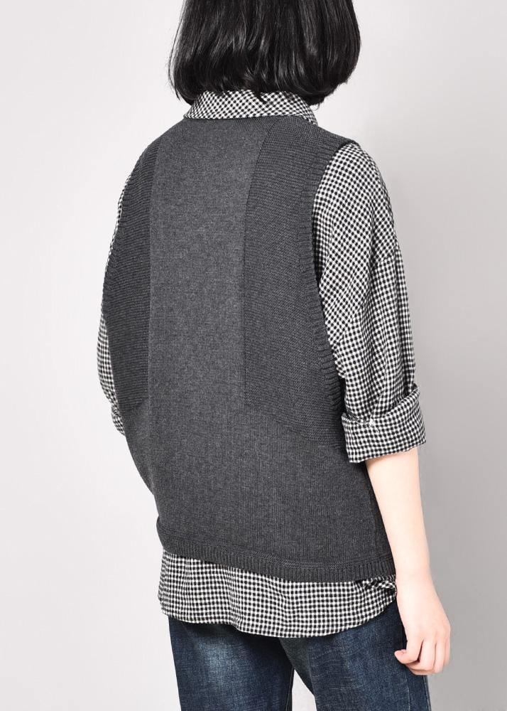 Cozy gray sleeveless knit coats Loose fitting pockets knitted coat o neck - bagstylebliss