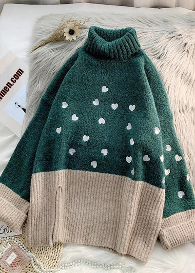 Cozy green Heart print knitted t shirt high neck patchwork oversize knitwear - bagstylebliss