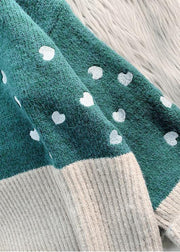 Cozy green Heart print knitted t shirt high neck patchwork oversize knitwear - bagstylebliss