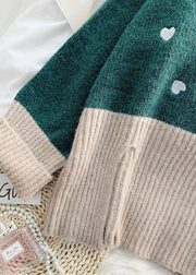 Cozy green Heart print knitted t shirt high neck patchwork oversize knitwear - bagstylebliss