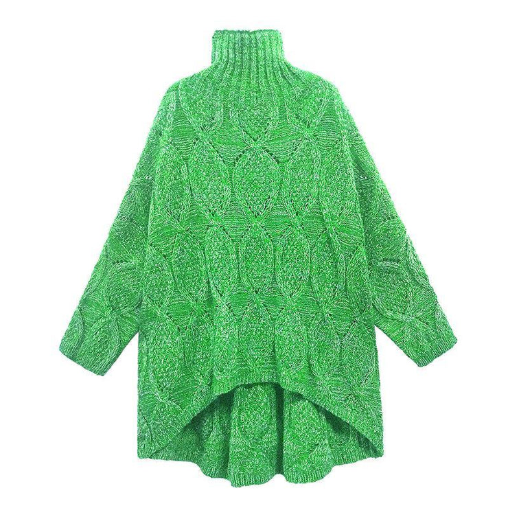 Cozy green knitwear plus size high neck low high design knit top silhouette - bagstylebliss