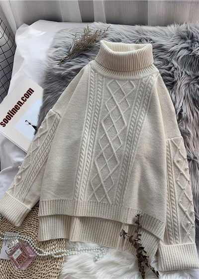 Cozy high neck beige knitwear  spring fashion low high design knit tops - bagstylebliss