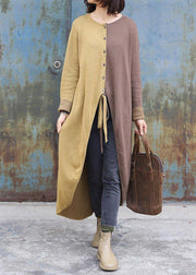 Cozy khaki patchwork yellow fall fashion o neck asymmetric hem knit outwear - bagstylebliss