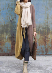Cozy khaki patchwork yellow fall fashion o neck asymmetric hem knit outwear - bagstylebliss