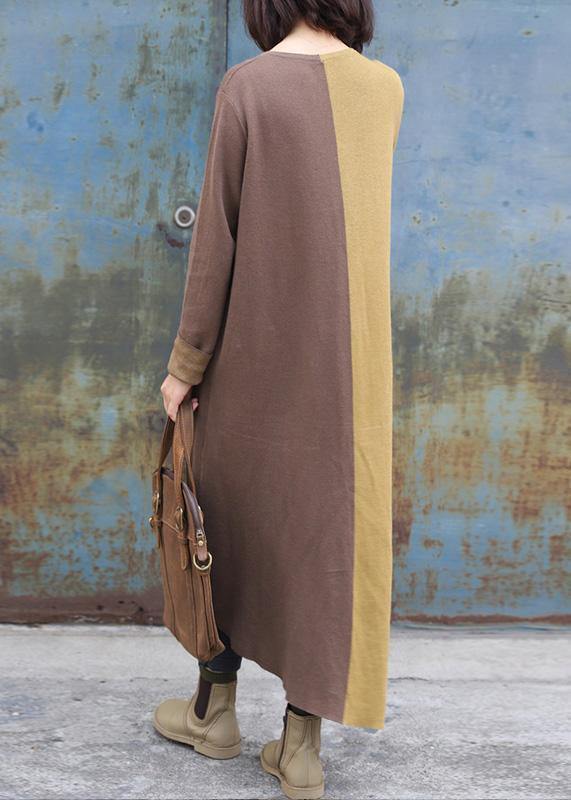 Cozy khaki patchwork yellow fall fashion o neck asymmetric hem knit outwear - bagstylebliss