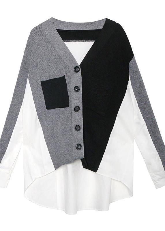 Cozy knitwear plus size black v neck patchwork knitted jackets - bagstylebliss
