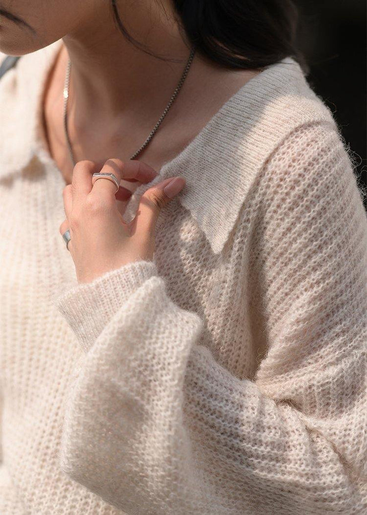 Cozy nude knit tops v neck long sleeve Loose fitting knitted blouse - bagstylebliss