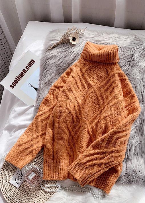 Cozy orange knitted top thick spring fashion high neck sweaters - bagstylebliss